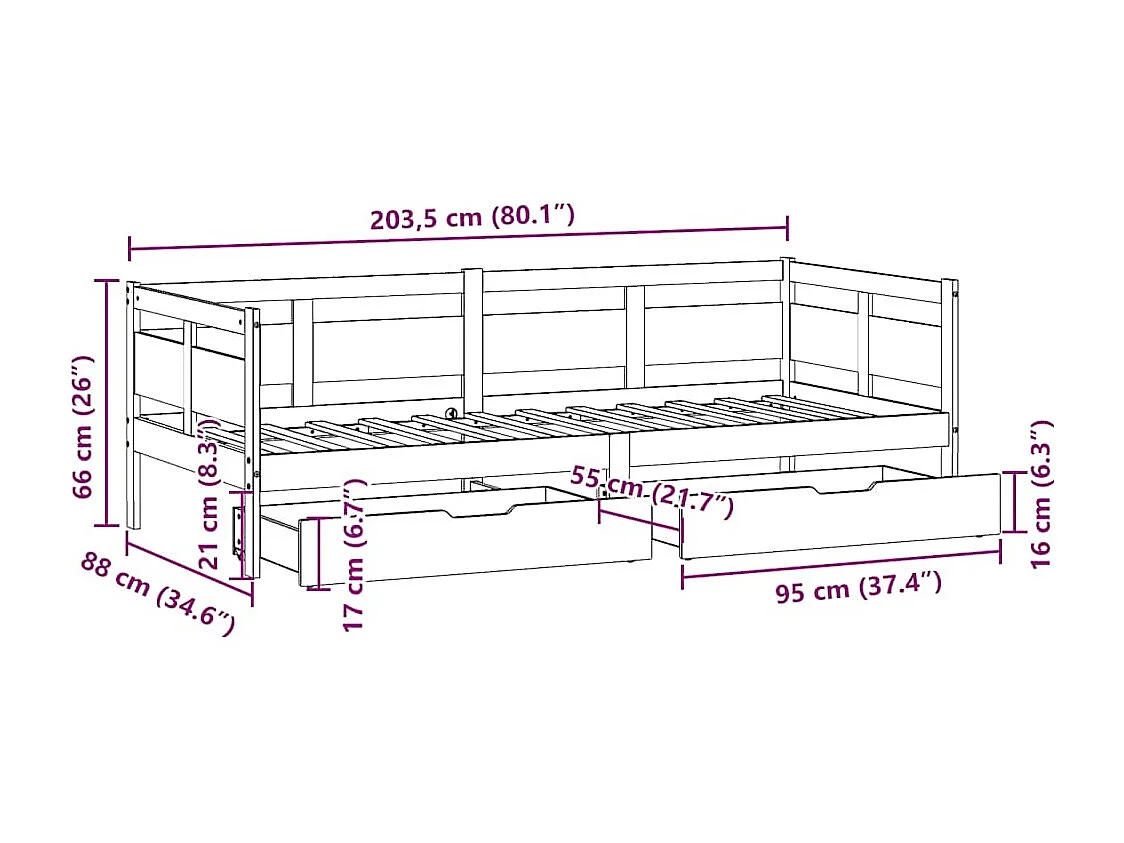Sofá cama con cajones madera maciza de pino blanca 80x200 cm