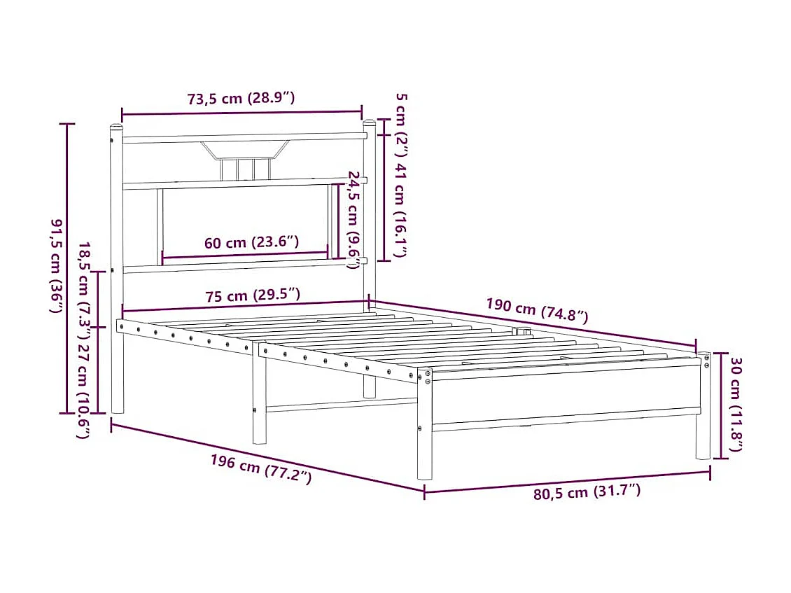 Cadre de lit sans matelas chêne fumé 75x190cm bois d'ingénierie