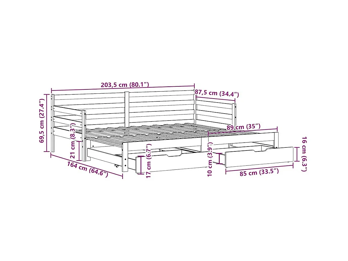 Lit de jour avec gigogne et tiroirs sans matelas 80x200 cm