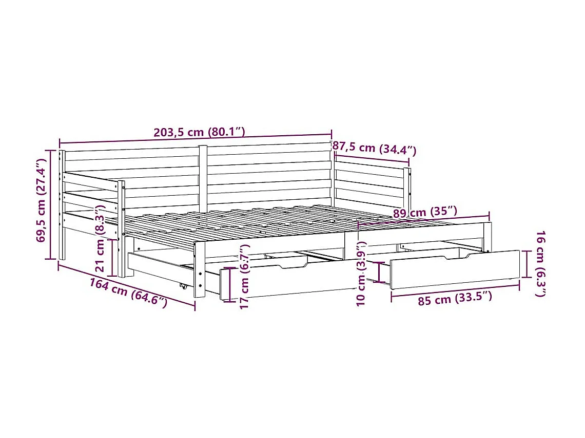 Tagesbett Ausziehbar mit Schubladen ohne Matratze 80x200 cm