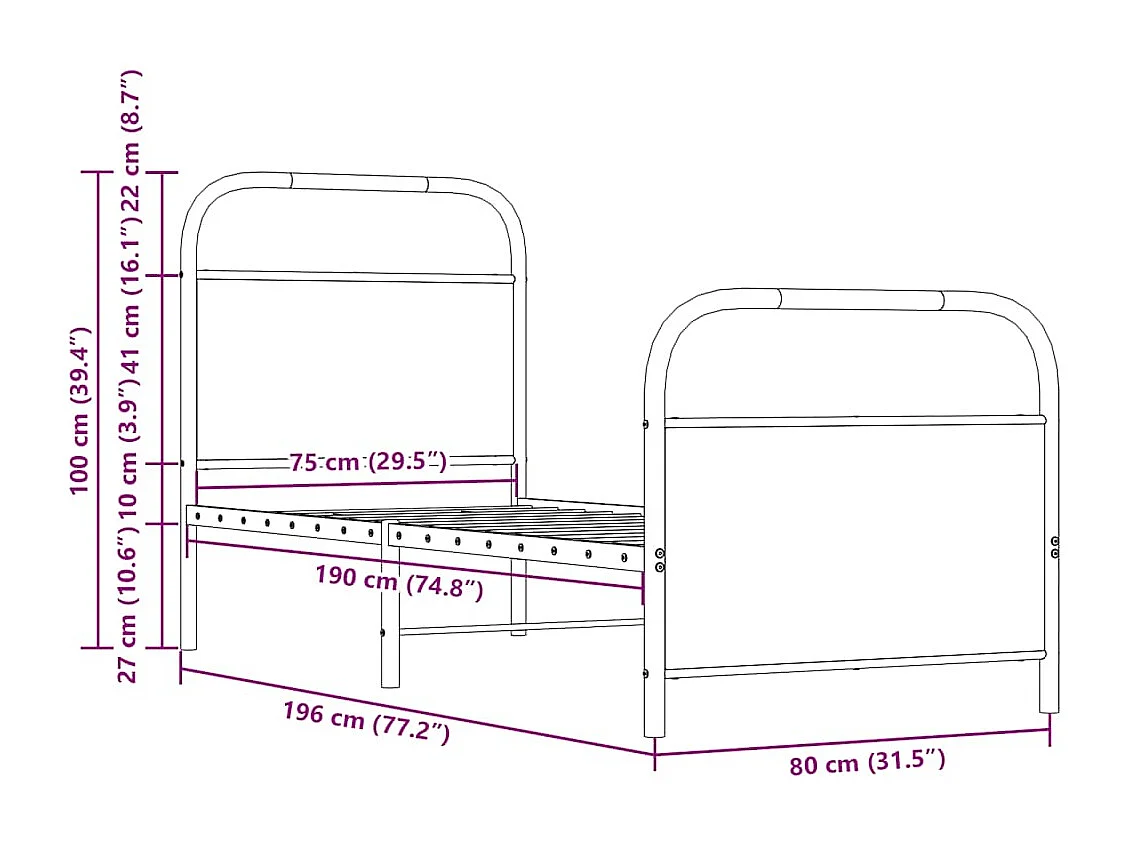 Cadre de lit sans matelas 75x190cm chêne sonoma bois ingénierie