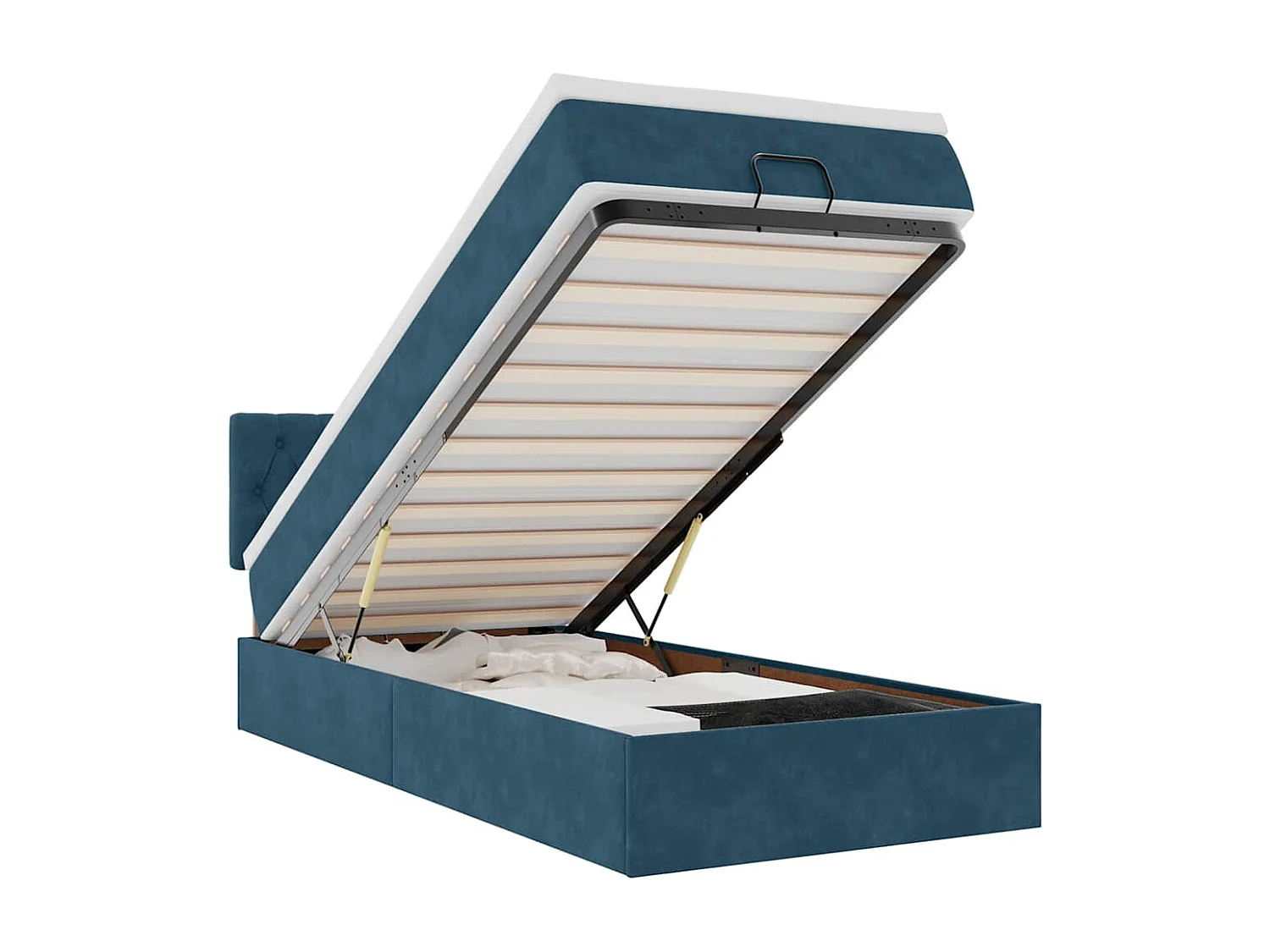 Estructura cama otomana colchón terciopelo azul oscuro