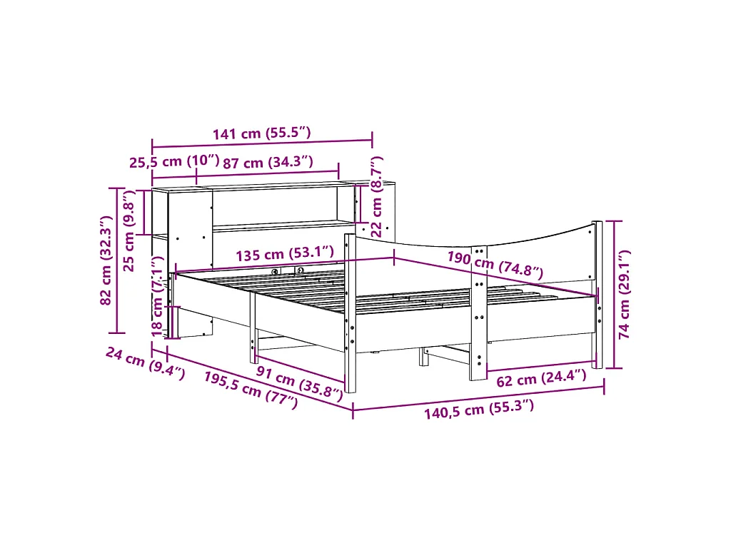 Cama sem colchão 135x190 cm madeira de pinho maciça branco