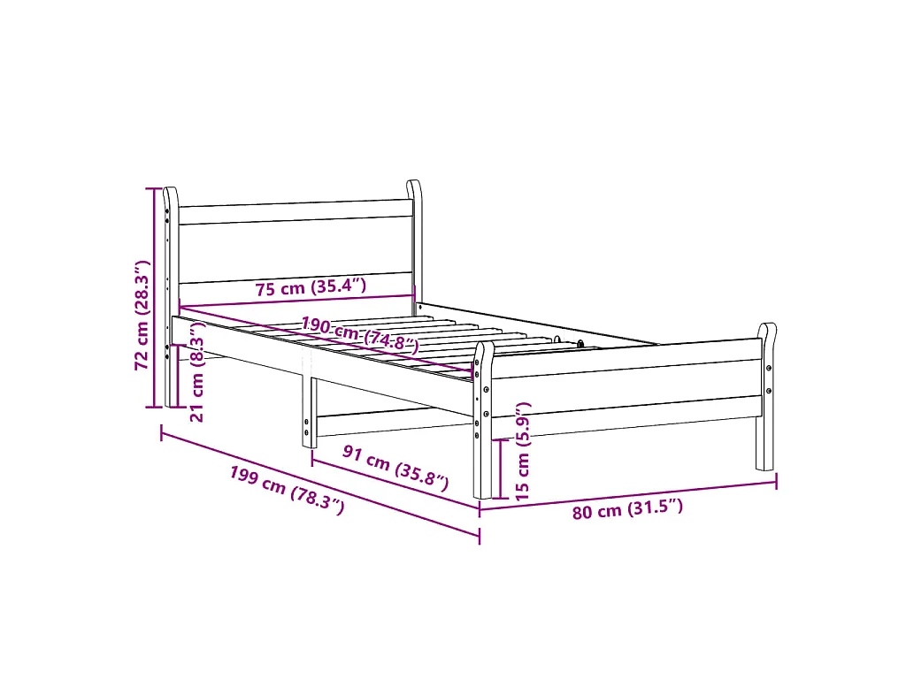 Estructura de cama sin colchón madera maciza pino 75x190 cm