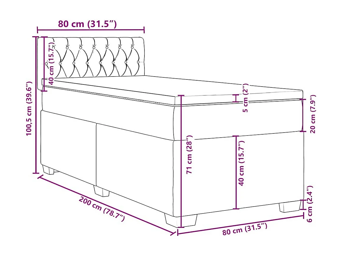 Cama box spring con colchón terciopelo verde oscuro 80x200 cm