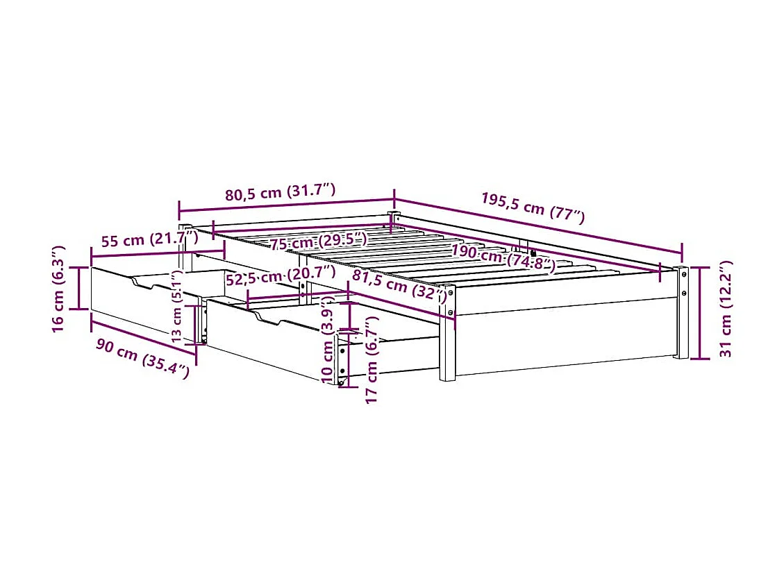 Massivholzbett ohne Matratze 75x190 cm Kiefernholz