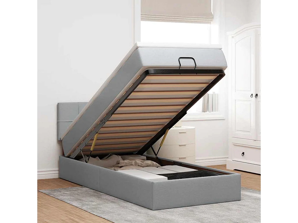 Ottomane Bett mit Matratze & LEDs Hellgrau 80x200 cm Stoff