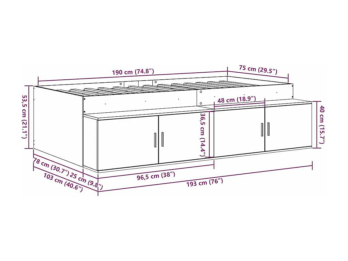 Estructura de cama con cajón Roble artesanal 70 x 190 cm