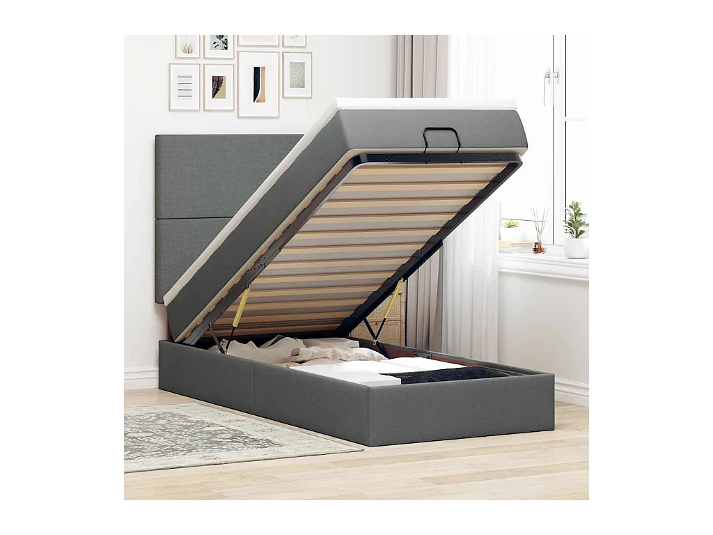 Lit ottoman avec matelas et LED Gris foncé 80x200cm tissu