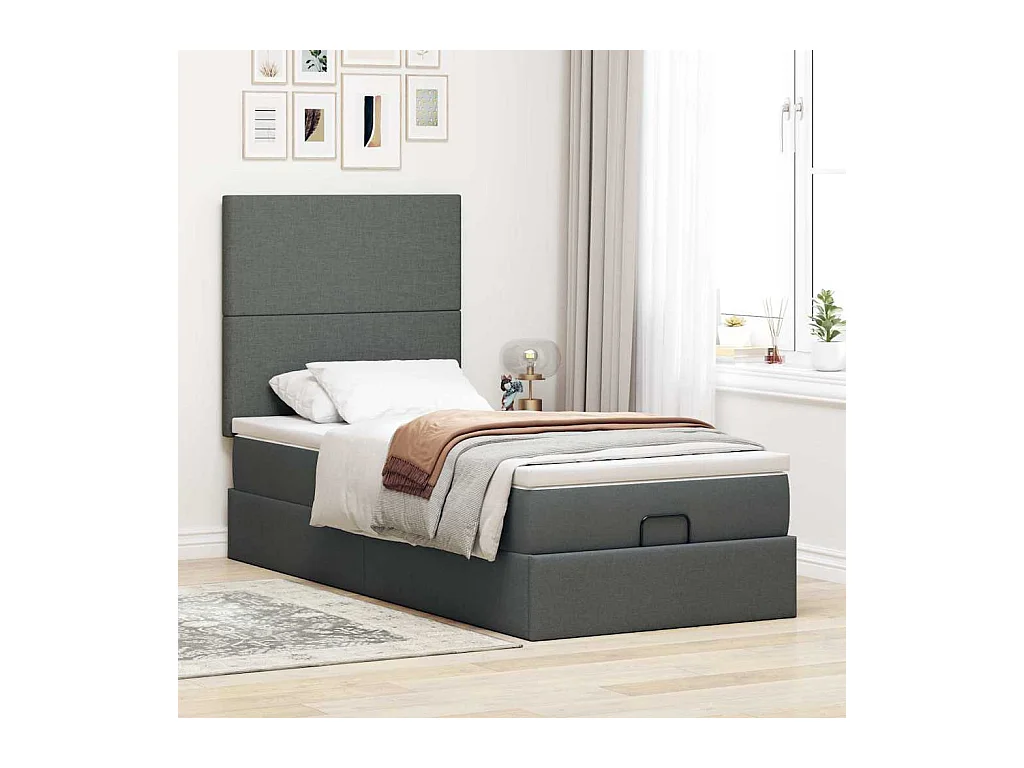 Lit ottoman avec matelas et LED Gris foncé 80x200cm tissu