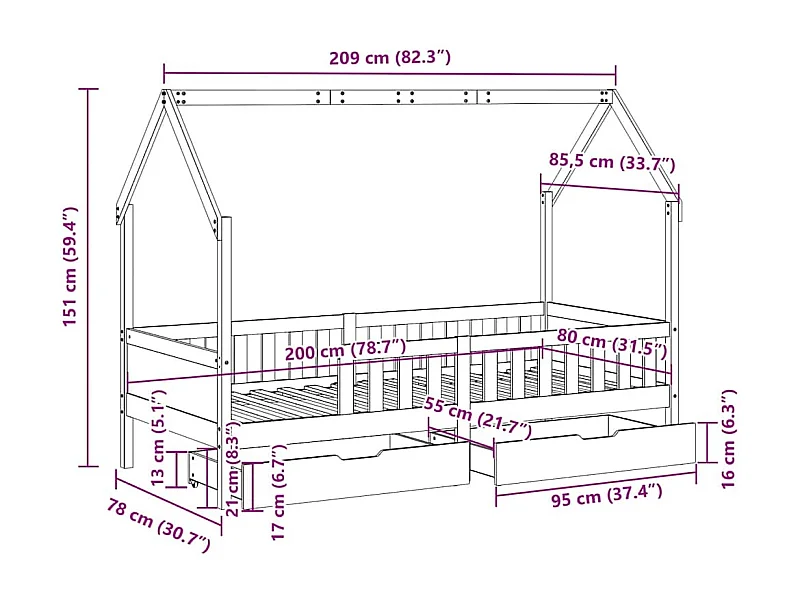 Giroletto Bambini con Cassetti 80x200 cm Legno Massello di Pino