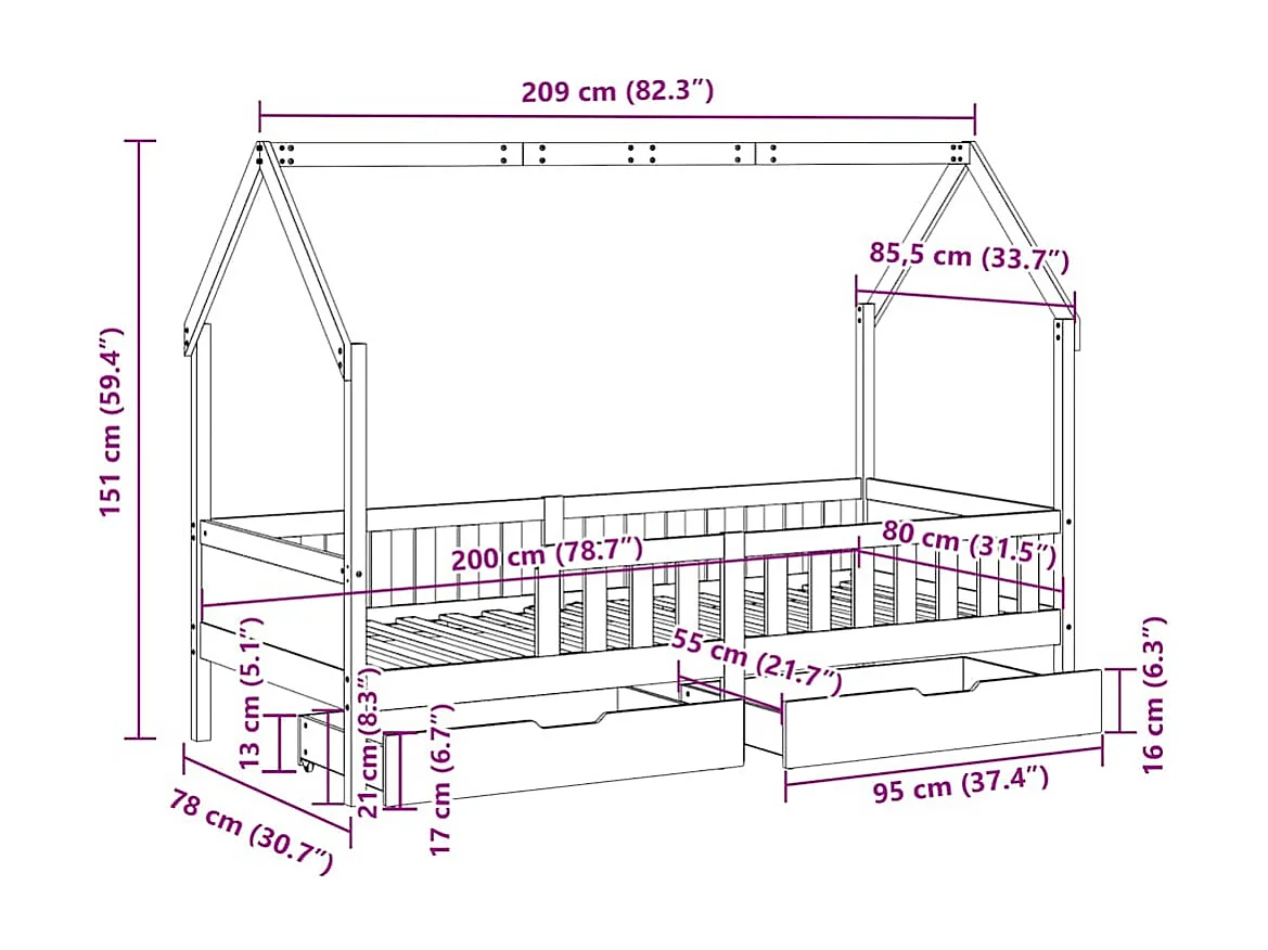 Kinderbedframe met lades 80x200 cm massief grenenhout