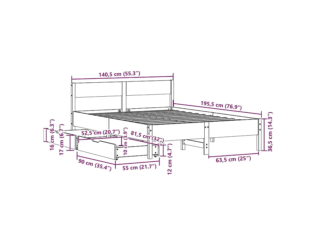 Cama sem colchão 135x190 cm madeira de pinho maciça