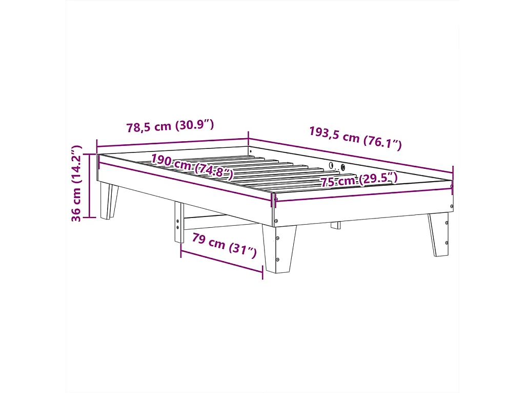 Bedframe zonder matras massief grenenhout wasbruin 75x190 cm