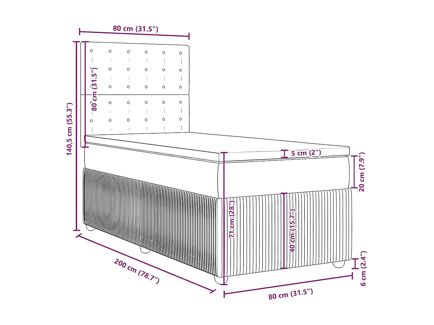 Cama box spring con colchón tela gris oscuro 80x200 cm