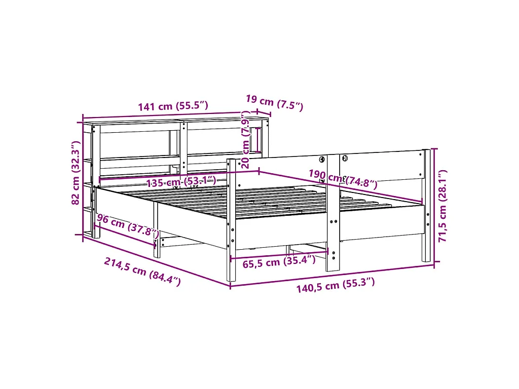 Cama sem colchão 135x190 cm madeira pinho maciça castanho-mel