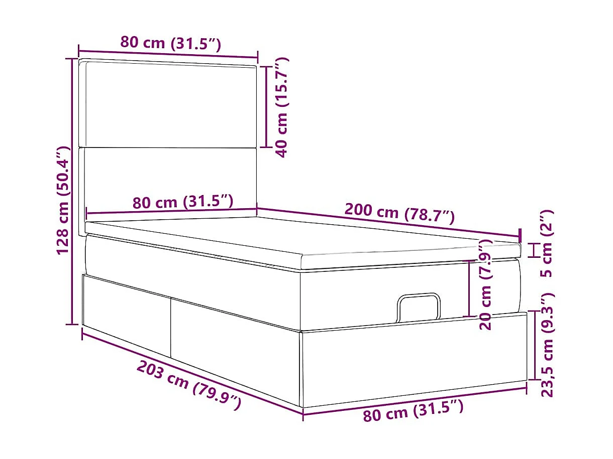 Pouf Letto con Materasso e LED Nero 80x200cm in Tessuto