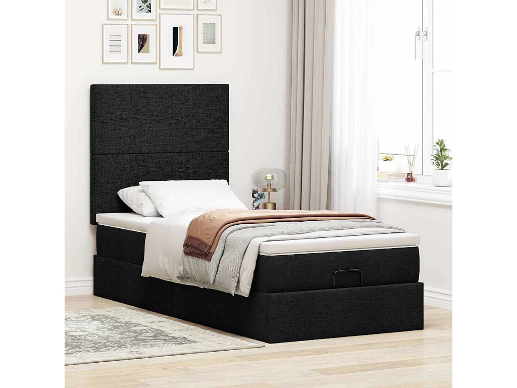 Pouf Letto con Materasso e LED Nero 80x200cm in Tessuto