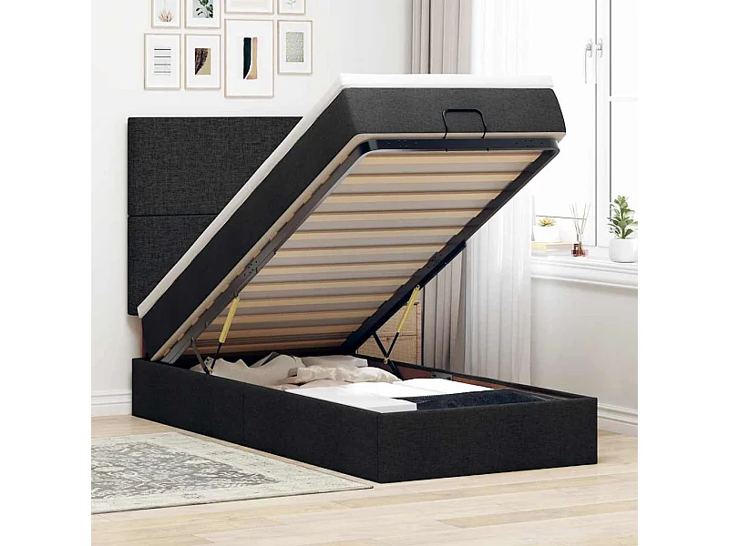 Pouf Letto con Materasso e LED Nero 80x200cm in Tessuto