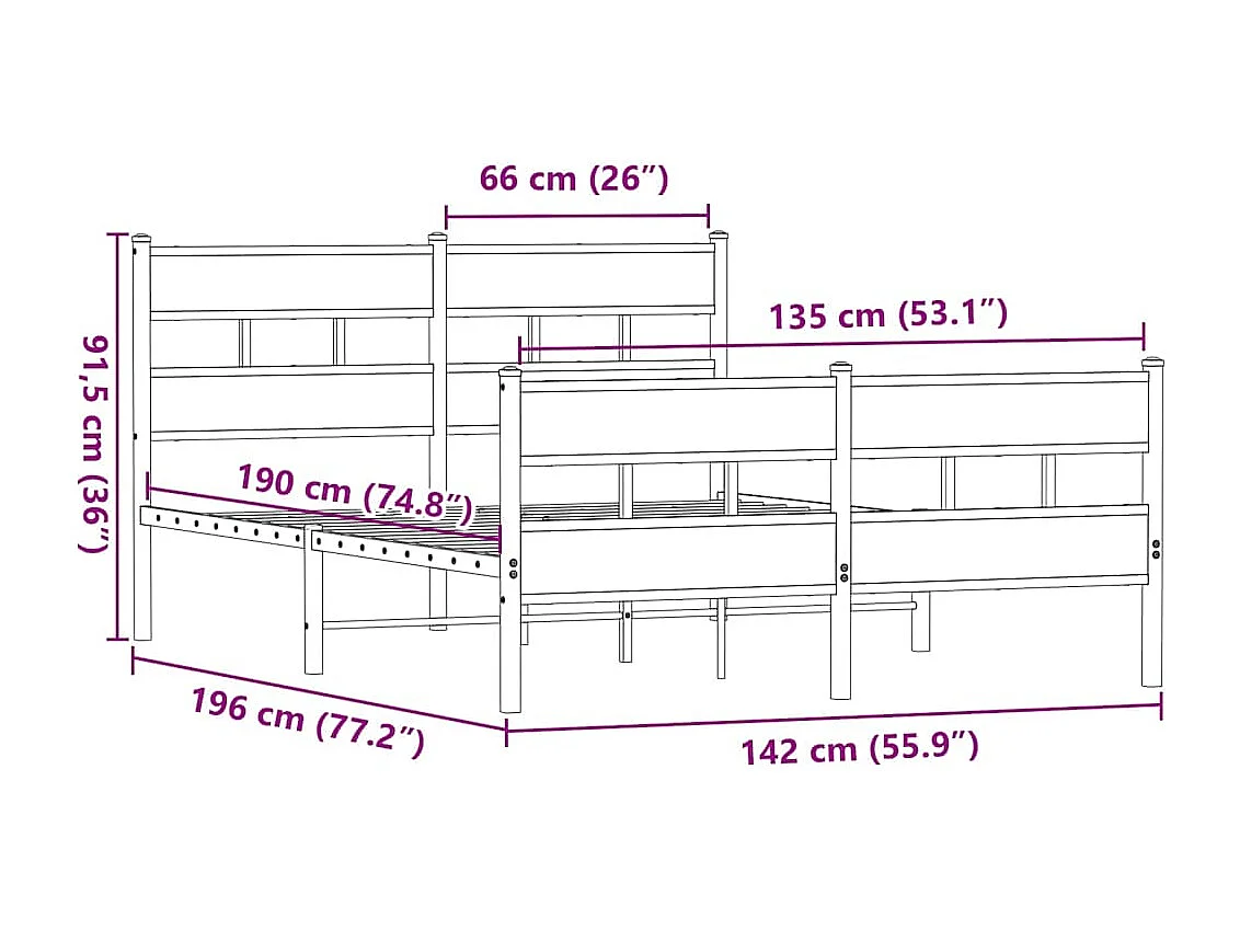 Cadre de lit en métal sans matelas chêne fumé 135x190 cm