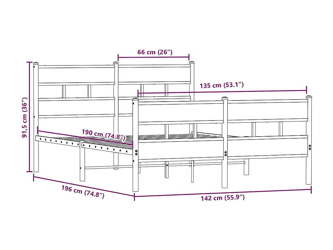 Cadre de lit en métal sans matelas chêne fumé 135x190 cm