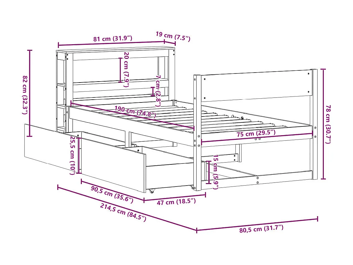 Letto senza Materasso Marrone Cera 75x190 cm in Legno di Pino