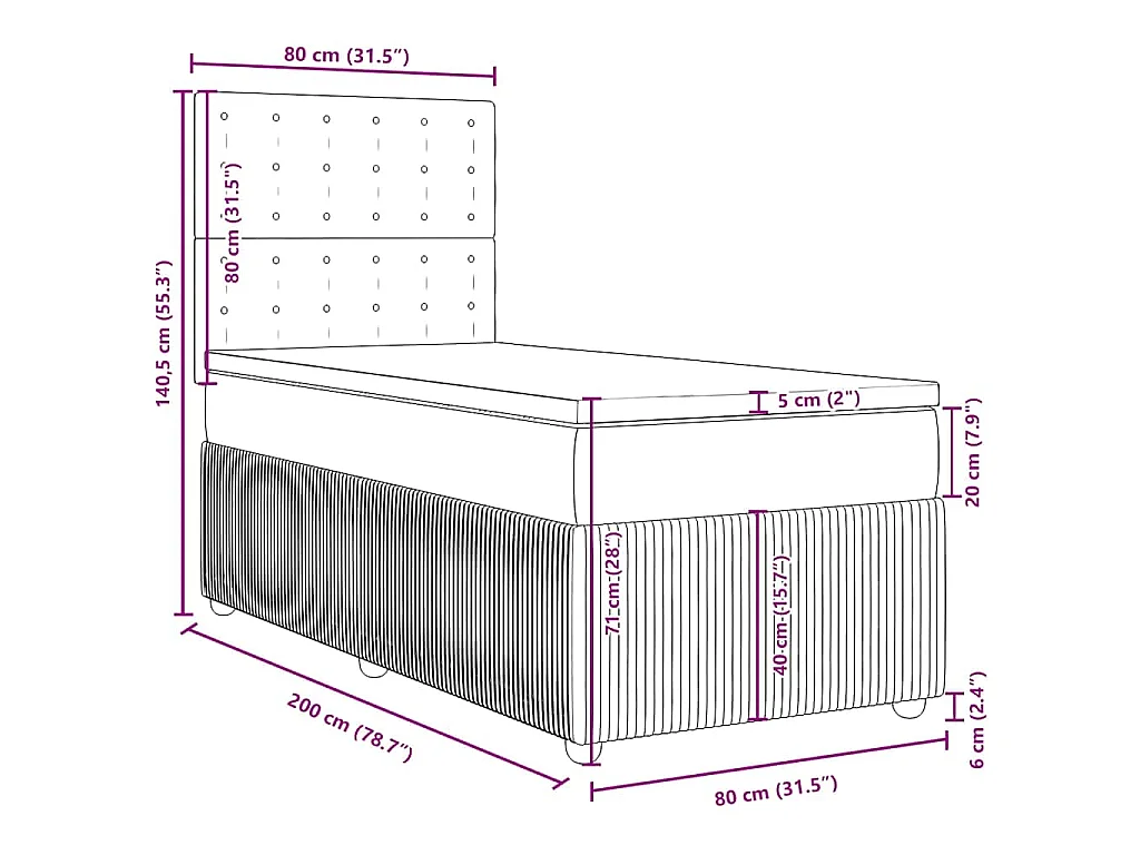 Cama box spring con colchón tela negro 80x200 cm