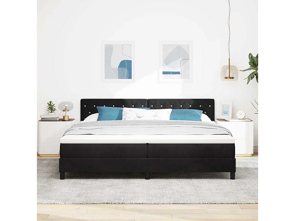Lit à ressorts avec matelas Noir 200 x 200 cm tissu