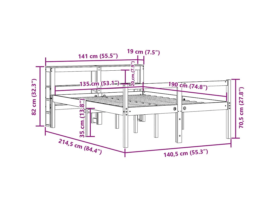 Estructura cama con cabecero madera pino marrón cera 135x190 cm