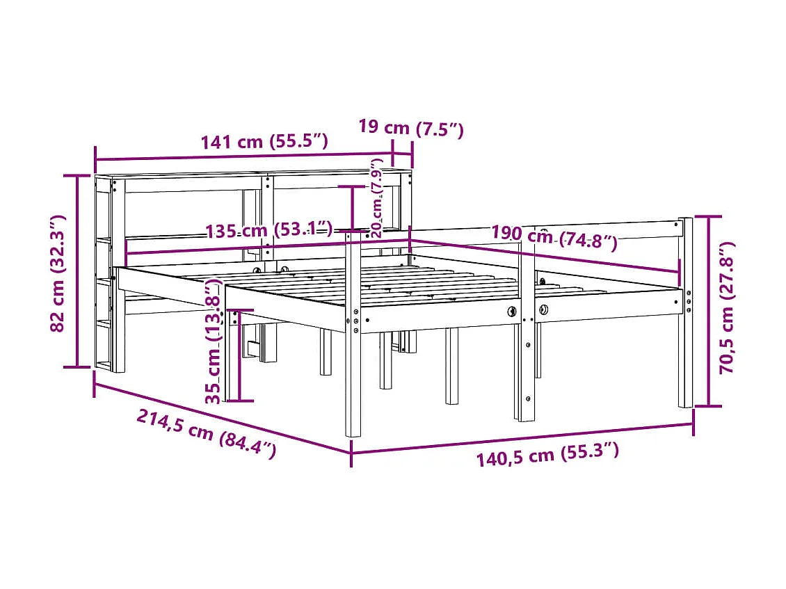 Estrutura cama c/ cabeceira 135x190cm pinho maciço castanho-mel