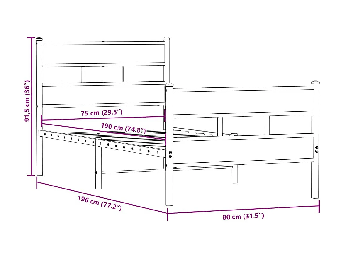 Bedframe zonder matras metaal gerookt eikenkleurig 75x190 cm