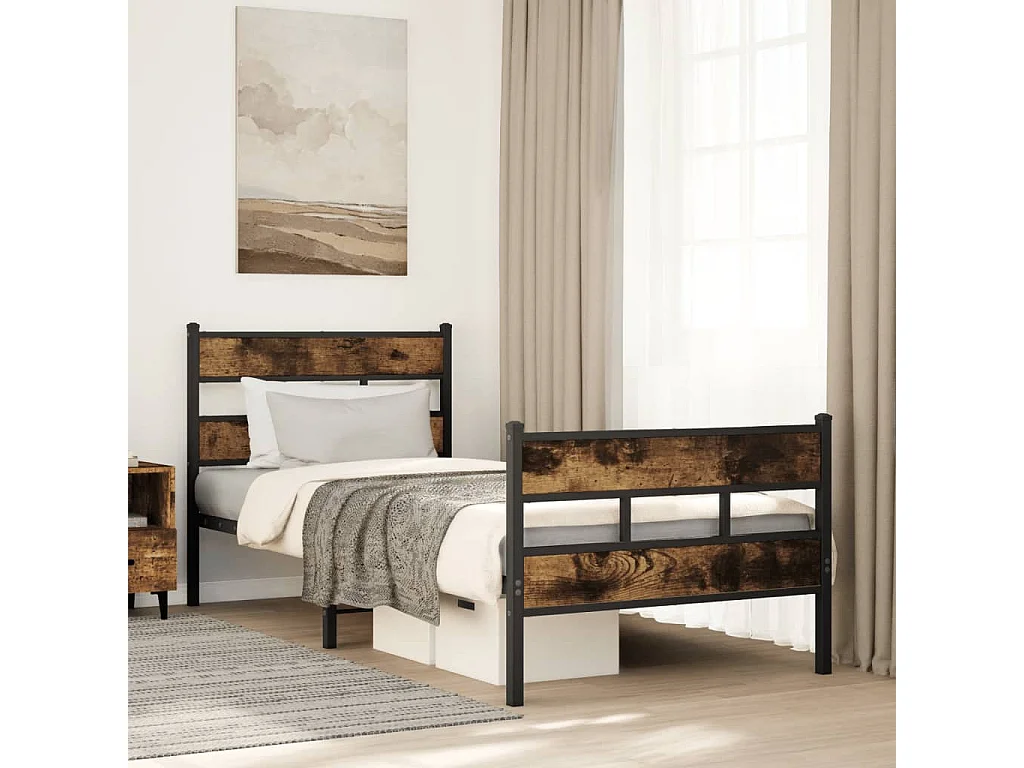 Cadre de lit en métal sans matelas chêne fumé 75x190 cm