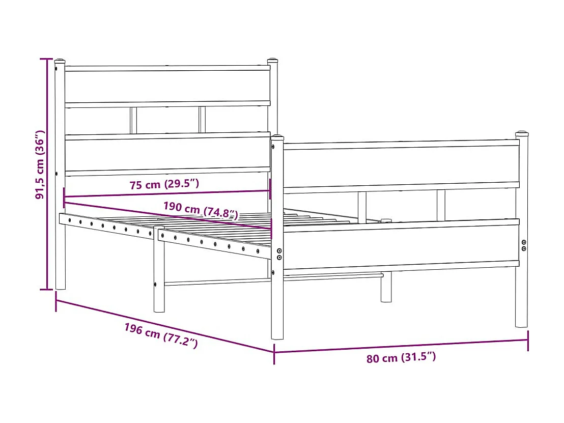 Cadre de lit en métal sans matelas chêne fumé 75x190 cm