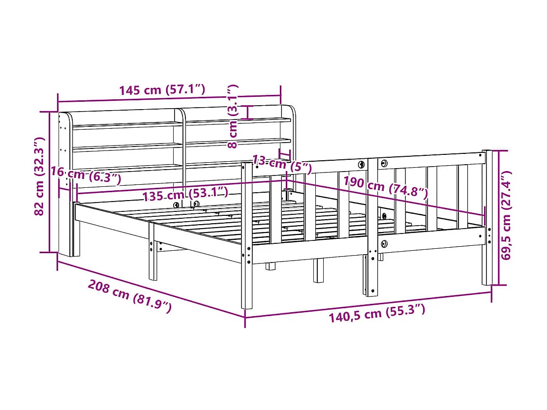 Bedframe zonder matras massief grenenhout wit 135x190 cm