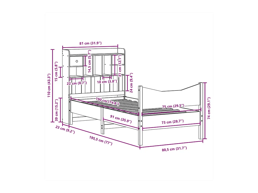 Bedframe zonder matras massief grenenhout wit 75x190 cm