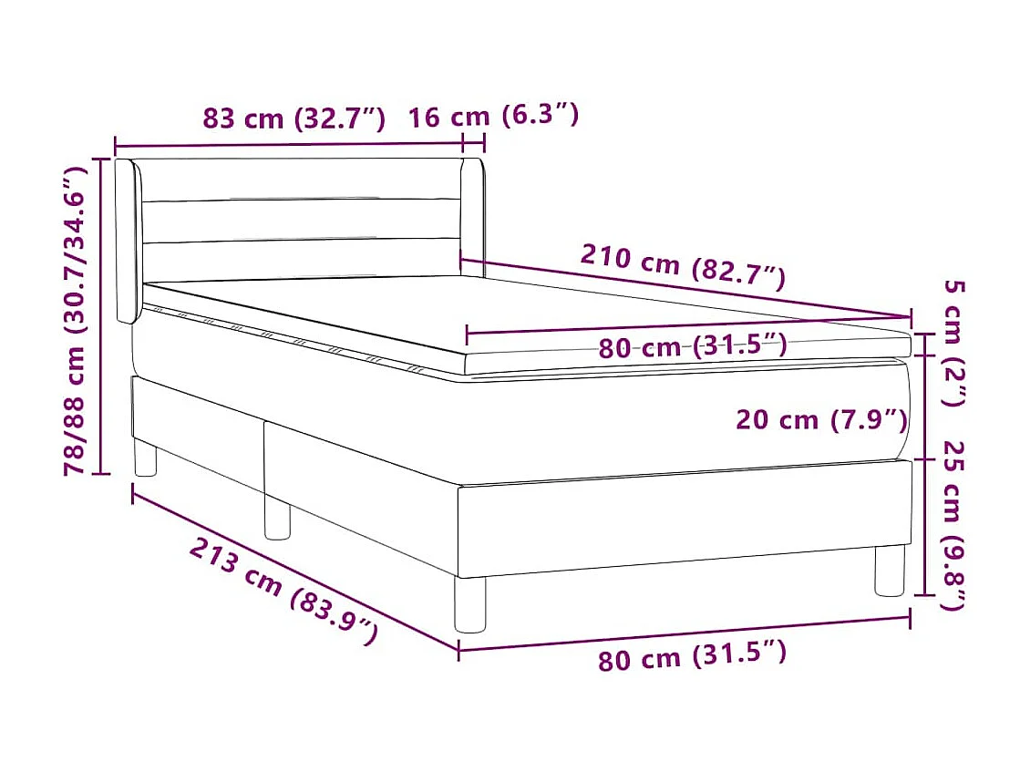 Cama box spring con colchón terciopelo gris claro 80x210 cm