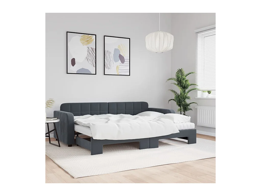 Lit de jour avec gigogne et matelas gris foncé 80x200cm velours