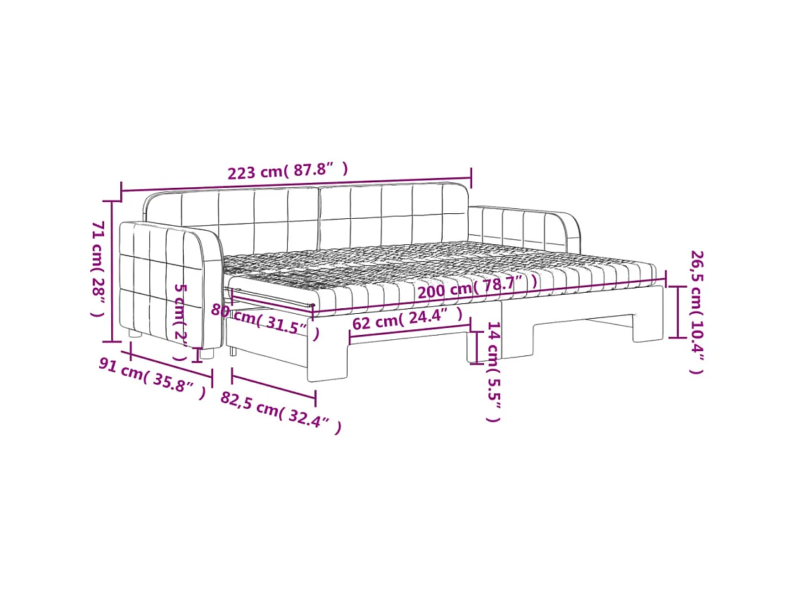 Lit de jour avec gigogne et matelas gris foncé 80x200cm velours