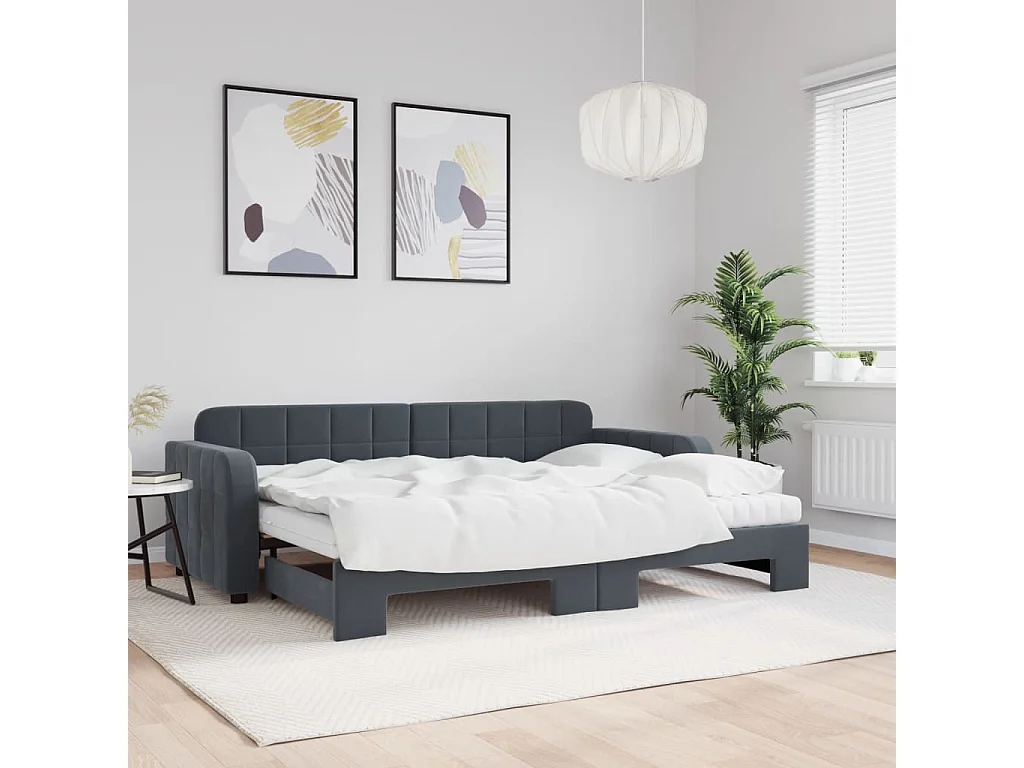 Slaapbank onderschuifbed matrassen 80x200cm fluweel donkergrijs