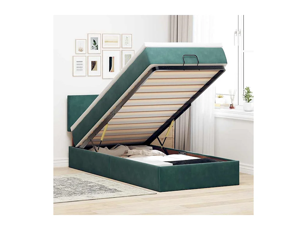Cadre de lit ottoman avec matelas vert foncé 80x200 cm velours