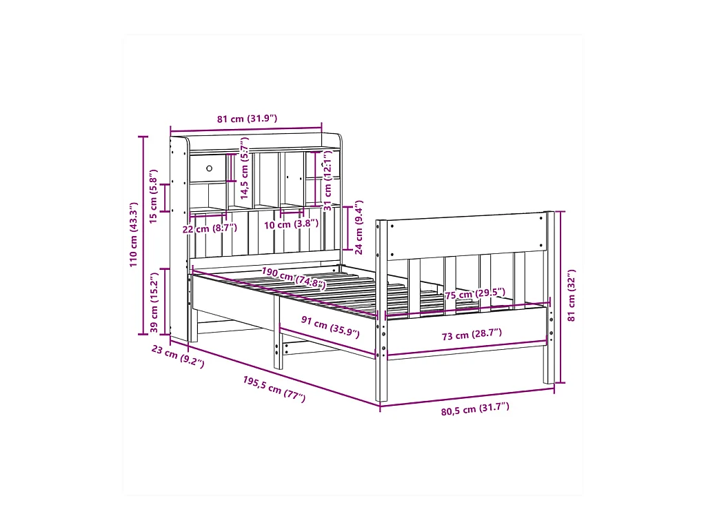 Cadre de lit sans matelas cire marron 75x190 cm bois pin massif
