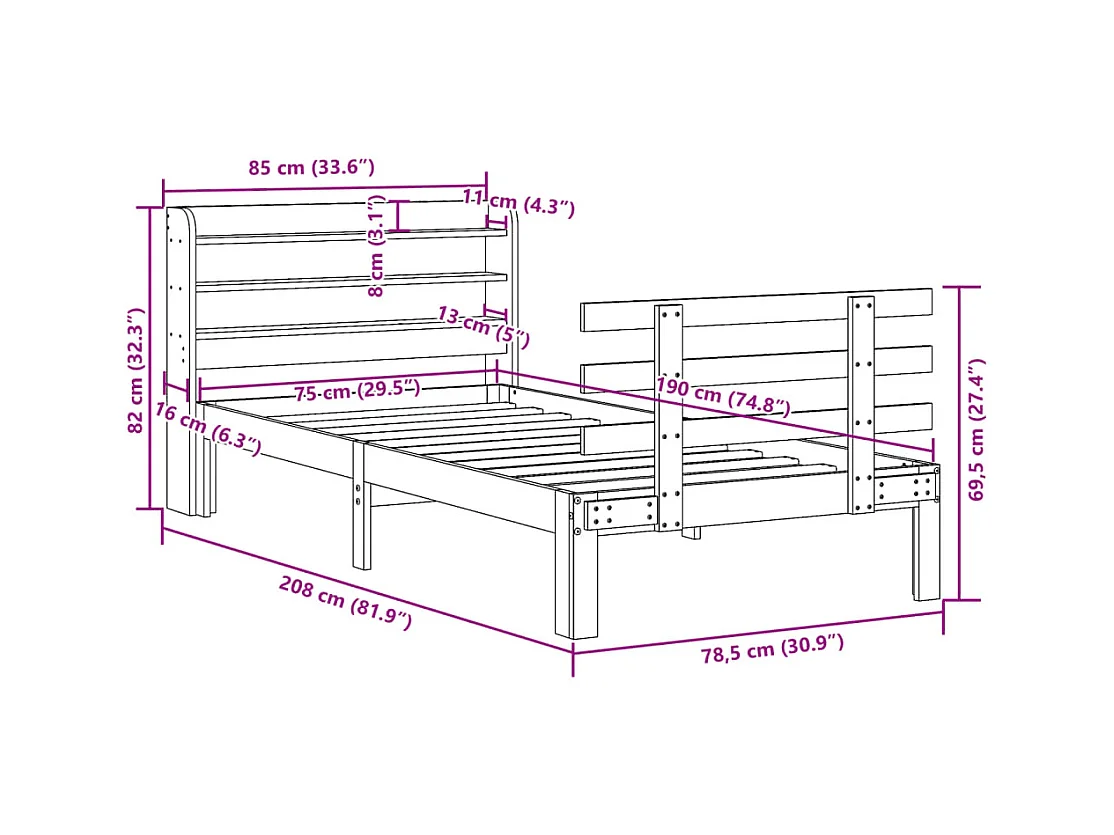 Cadre de lit avec tête de lit sans matelas cire marron 75x190cm