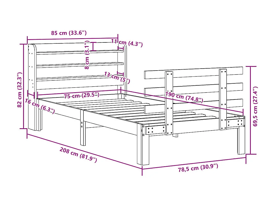 Cadre de lit avec tête de lit sans matelas cire marron 75x190cm