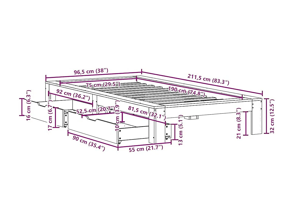 Cadre de lit sans matelas 75x190 cm bois de pin massif