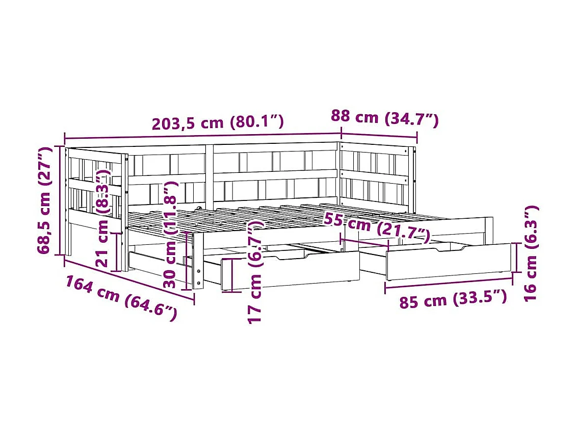 Tagesbett Ausziehbar mit Schubladen ohne Matratze 80x200 cm