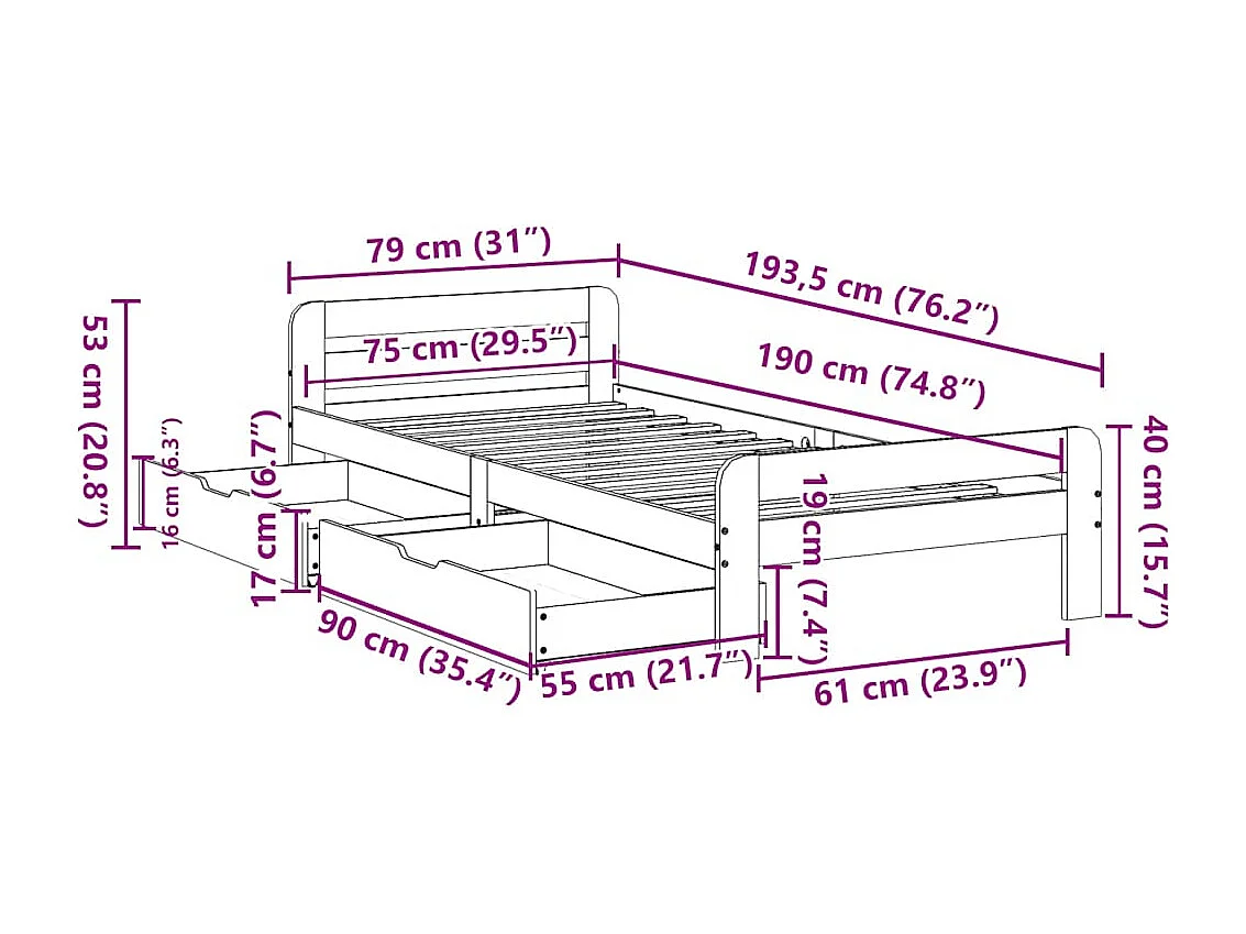 Bedframe zonder matras massief grenenhout wasbruin 75x190 cm