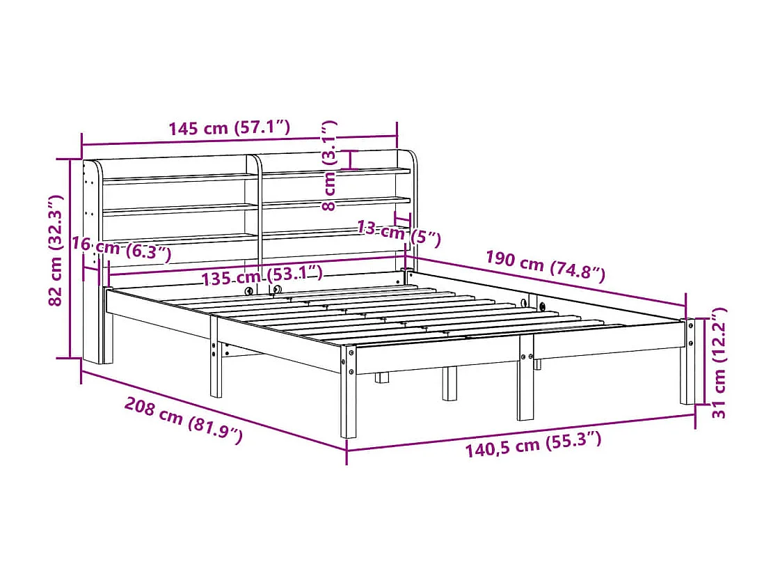 Bedframe zonder matras massief grenenhout wit 135x190 cm