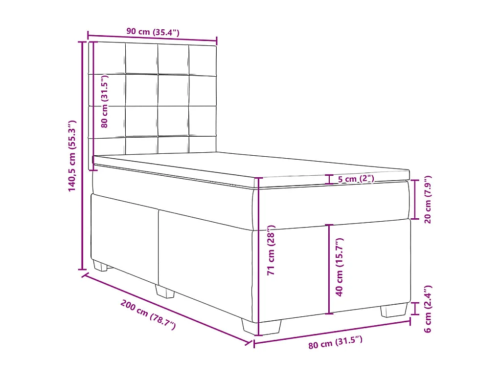Cama box spring con colchón tela gris claro 80x200 cm