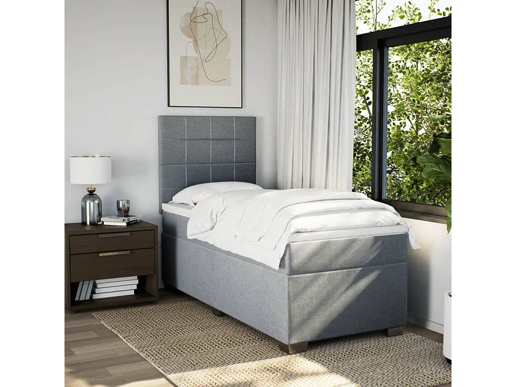 Cama box spring con colchón tela gris claro 80x200 cm