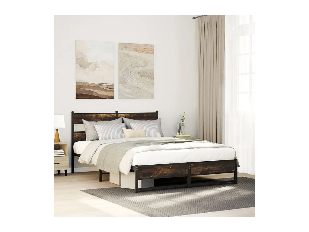 Cadre de lit en métal sans matelas chêne fumé 135x190 cm